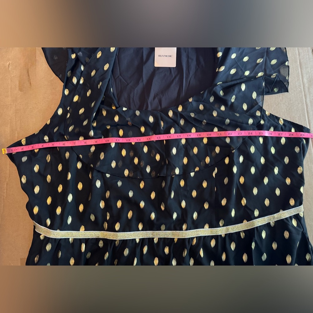 BloomChic Shimmery Polka Dot Stretchy Waist Midi Dress Black/Gold Plus Size - Picture 10 of 11